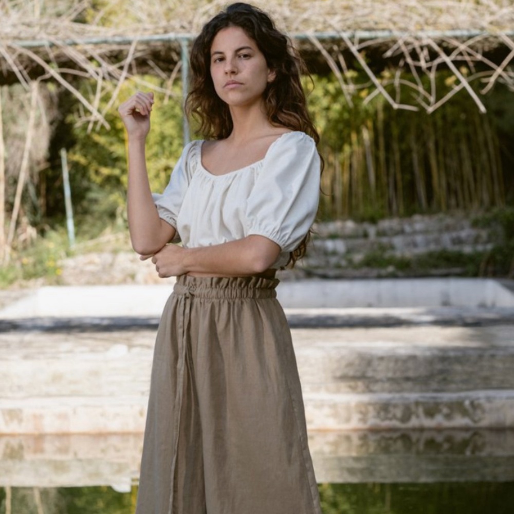 OZMA of California Georgia Cropped Top Natural Silk Noil Peasant Boho  M